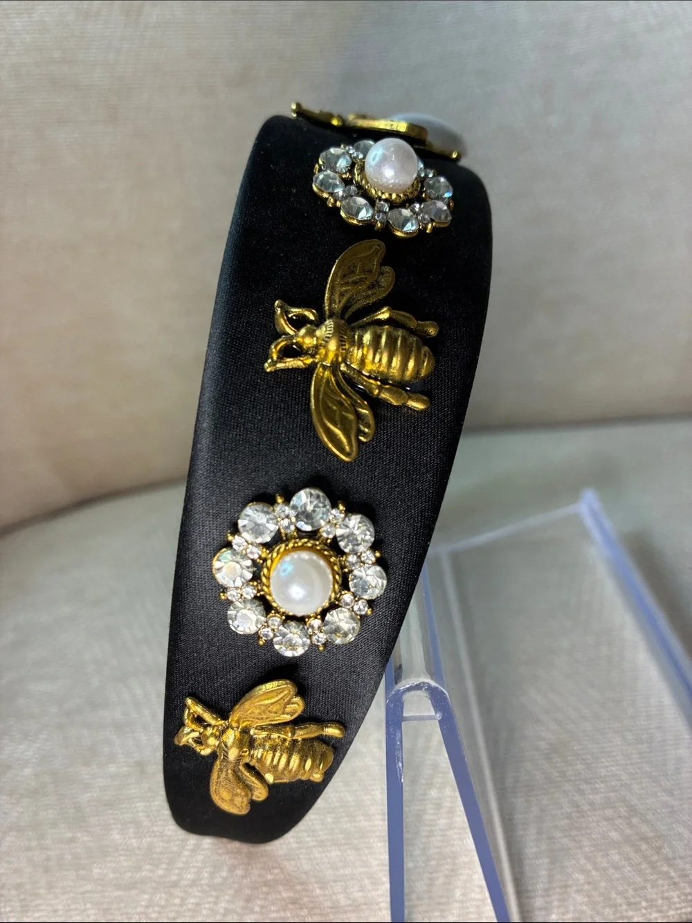 Source Unknown Black Satin Headband with Gold Bee and Pearl Details